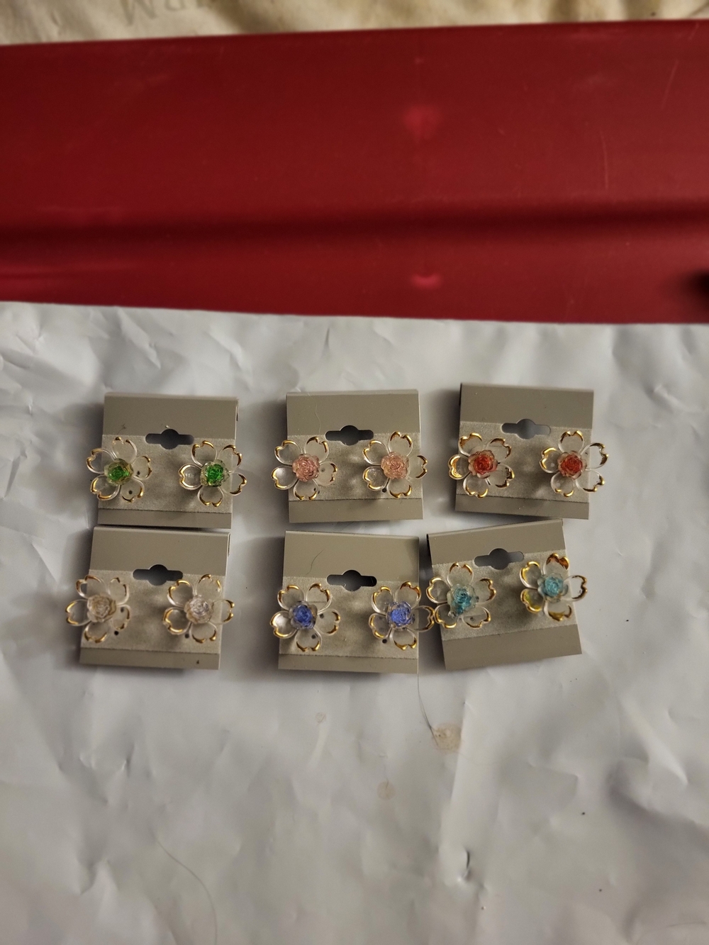 Fash  Floral Stud Earrings with Colored Gem Centers - Set of Assorted Colors 6ct